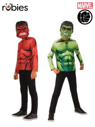 RED HULK/GREEN HULK REVERSIBLE COSTUME TOP & 2 MASKS, CHILD