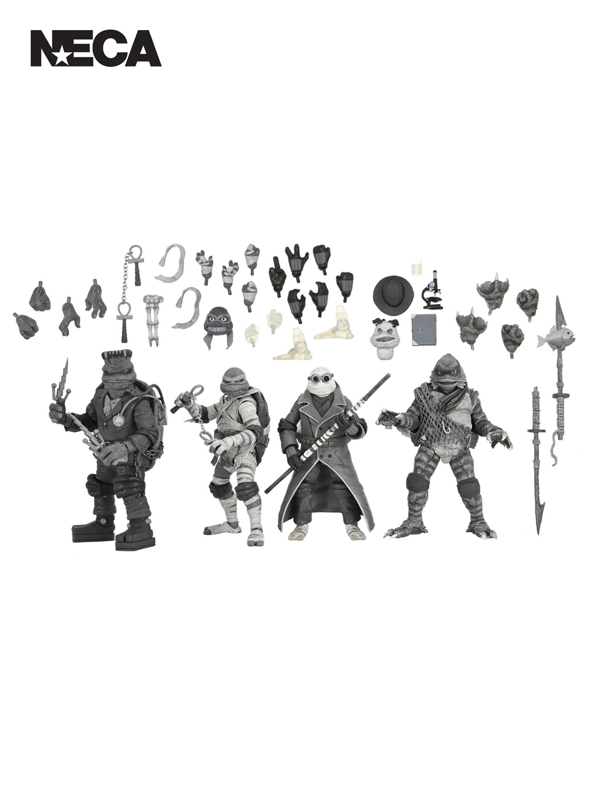 TMNT X UNIVERSAL MONSTERS 4 PACK TURTLES BLACK & WHITE - 7" SCALE ACTION FIGURES